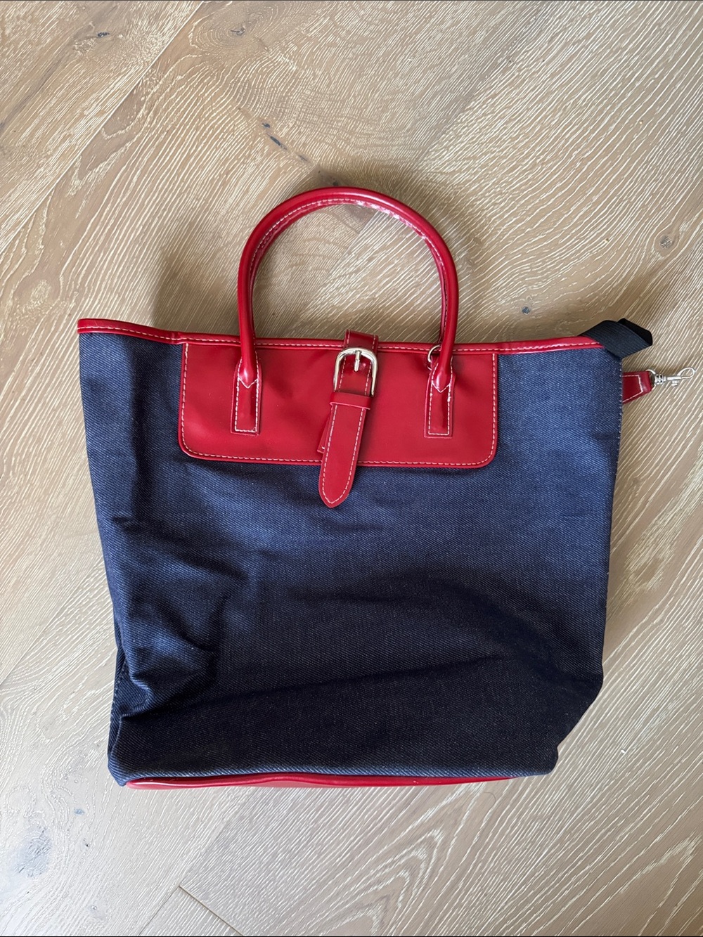Classic Blue Denim Tote with Red Trim and Top Handle